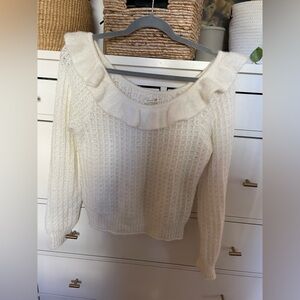 Anthropologie wool blend waffle knit cream ruffle off shoulder sweater SIZE M
